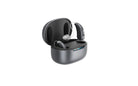 Black hearing aids inside recharging case.