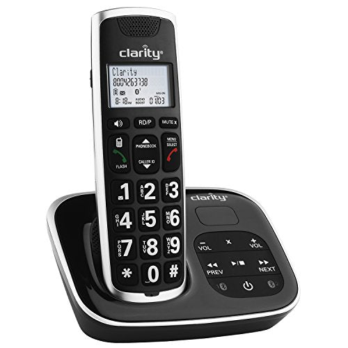 Black cordless phone with caller ID screen, large keypad and answering controls on the base.