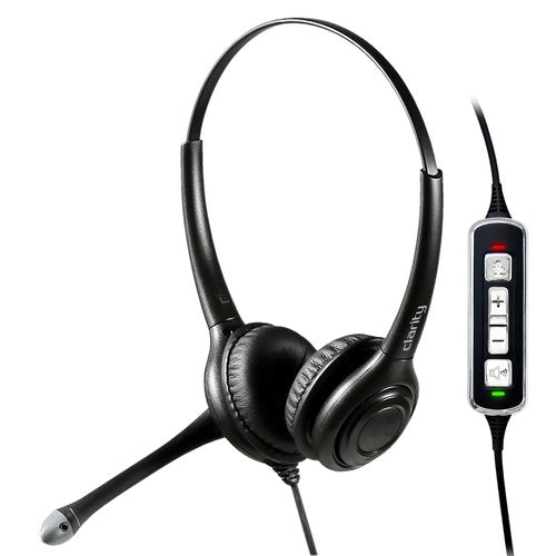 Black headset with mic boom and volume control switch.