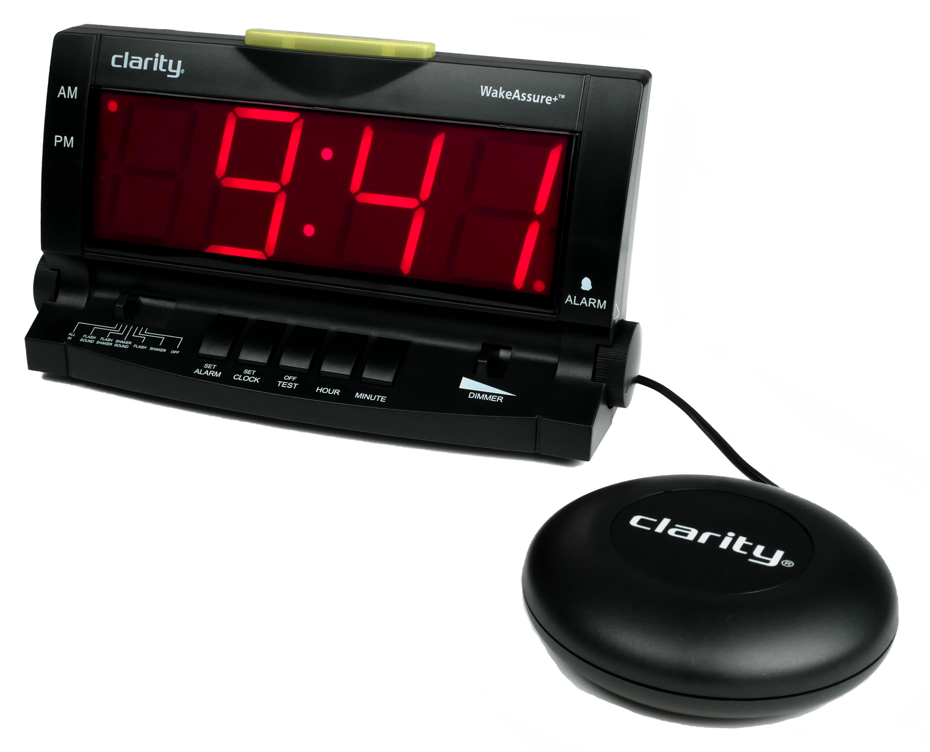 Alarm clock with large display and bed shaker.