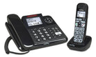 Black corded phone with additional cordless handset.  Large keypad and caller ID screen.