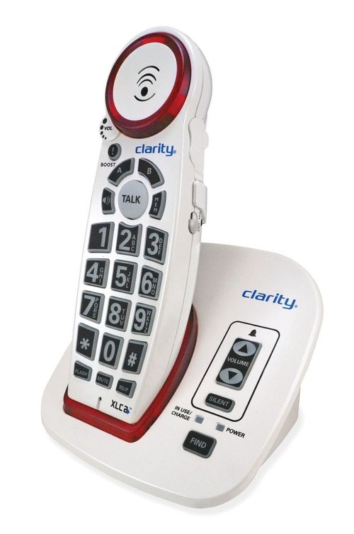 White cordless phone with large keypad, dual visual ringers, and volume control in the base.