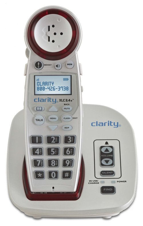 White cordless phone with caller ID screen, dual visual ringers and volume controls.