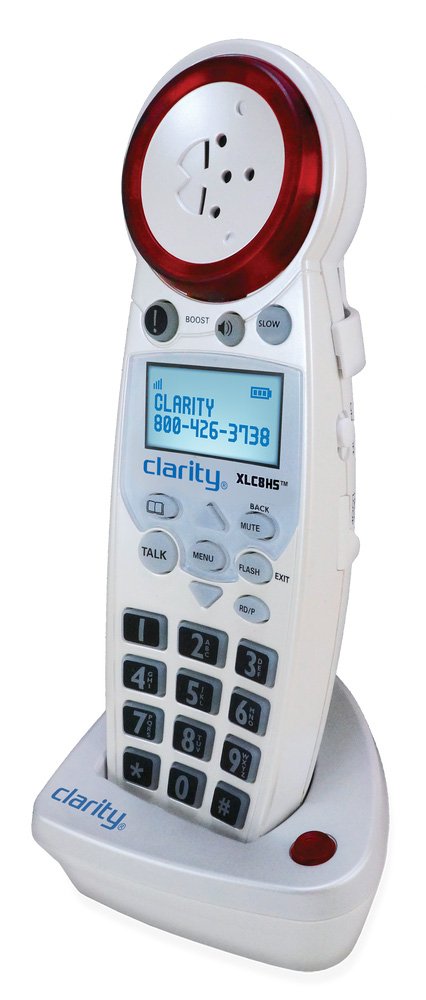 White cordless handset with caller ID screen and small rechargeable base.