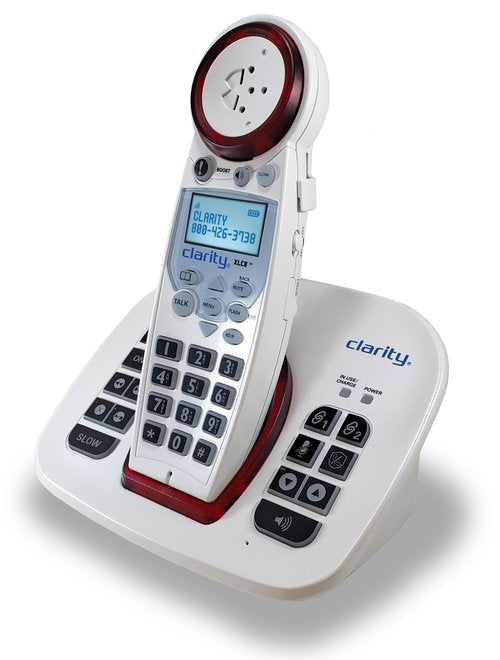 White cordless phone with caller ID screen, dual visual ringers, and answering machine controls on the base.