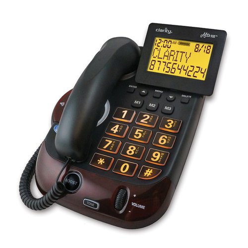 Black corded phone with caller ID screen, large keypad and volume control.