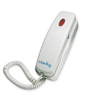 White corded phone with red caller notification display on the handset.  Keypad is not visible on this picture as it is in the handset which is sitting in the cradle.