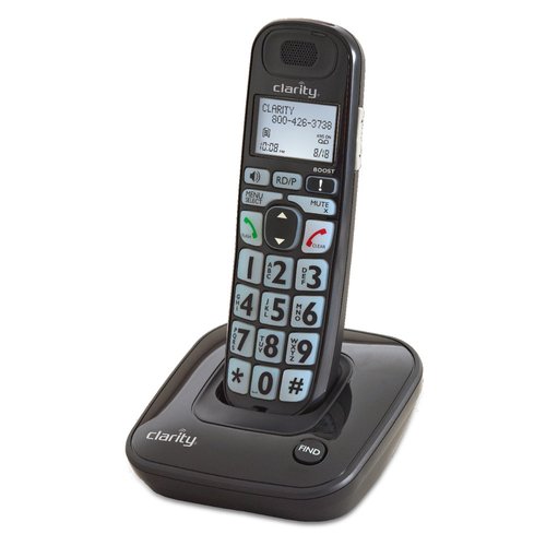 Black cordless phone with caller ID screen and large keypad.