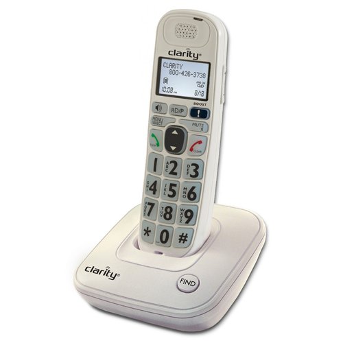White cordless phone with caller ID screen and large keypad.