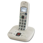 White cordless phone with caller ID screen and large keypad.