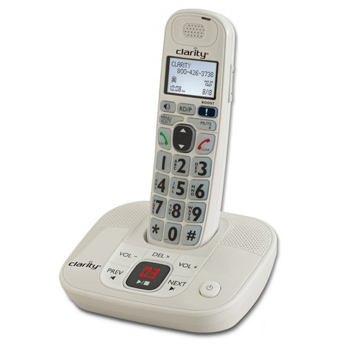 White cordless phone with caller ID screen, large keypad, and answering machine controls on the base.