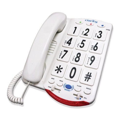 White corded phone with large white keypad, volume and tone controls and a visual ringer.