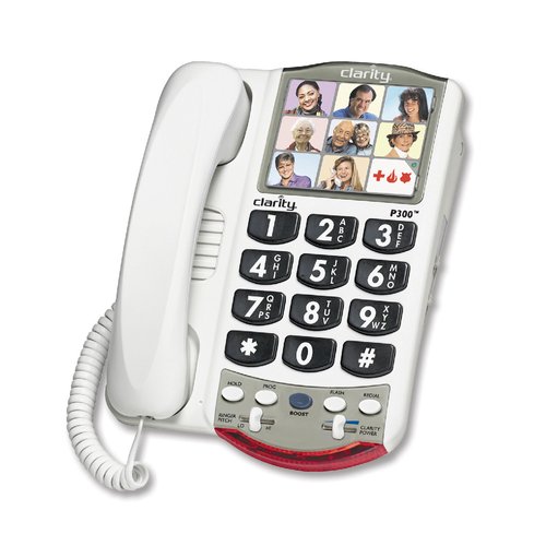 White corded phone with large keypad, 9 photo speed dials, volume and tone control and visual ringer.