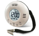 White, round, travel alarm clock with display screen and control buttons.  Also shows a lanyard for clipping to a pillow.